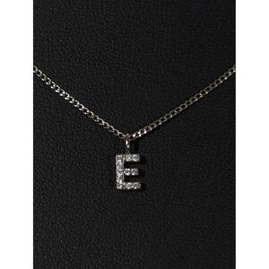 Rhinestone Initial E Pendant Necklace Silver‎ Tone Dainty Minimalist 18"